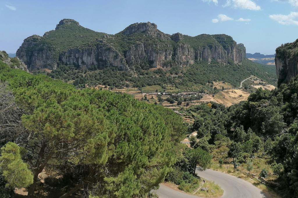 Paesaggio montuoso con vegetazione rigogliosa e una strada che serpeggia tra le colline.