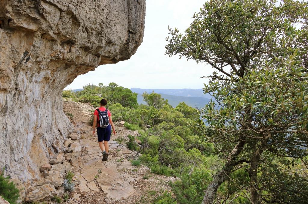 Escursionista su sentiero roccioso, circondato da vegetazione e paesaggio montano.