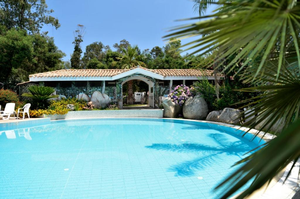 Piscina con giardino tropicale e casetta sullo sfondo, ambiente rilassante e naturale.