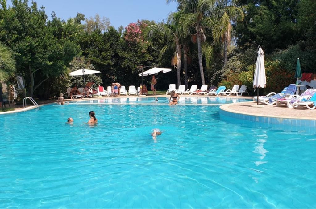Piscina all'aperto con lettini e ombrelloni, circondata da palme e vegetazione lussureggiante.